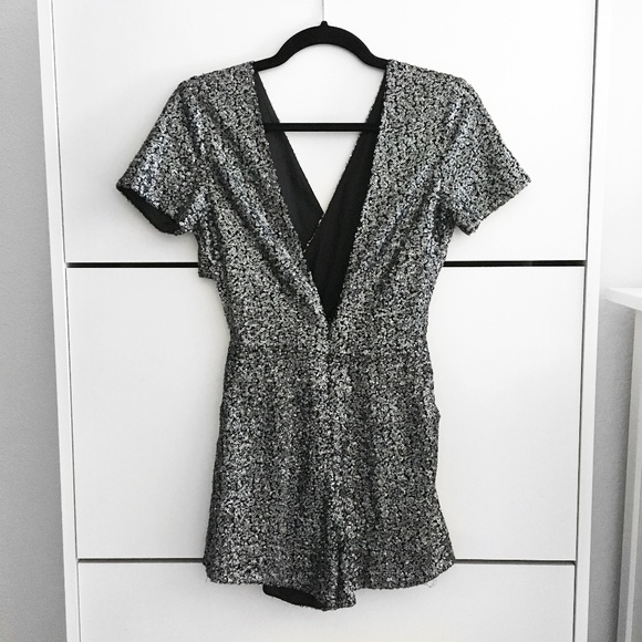 Pants - Silver Sequin V-Neck Short Sleeve Romper